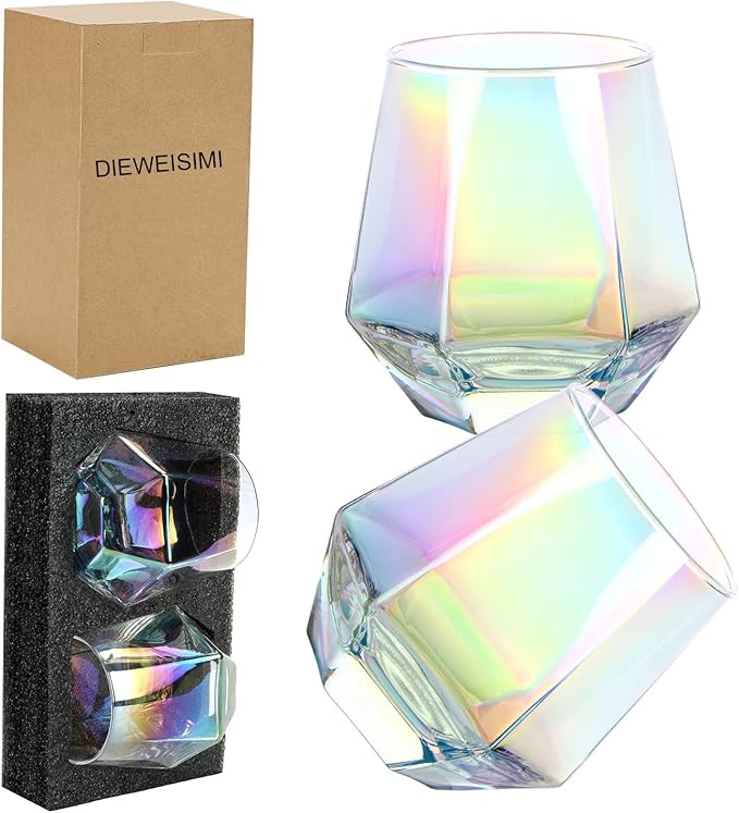 Wine Glasses Set of 2, Diamond Stemless Wine Glasses - Iridescent Glassware