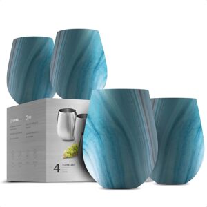 FineDine Stainless Steel Unbreakable Wine Glasses - 18 Oz Set of 4 Wine glasses. Premium Grade 18/8 Stainless Steel Red & White Stemless Wine Glasses set, (Exquisite Blue Marble)